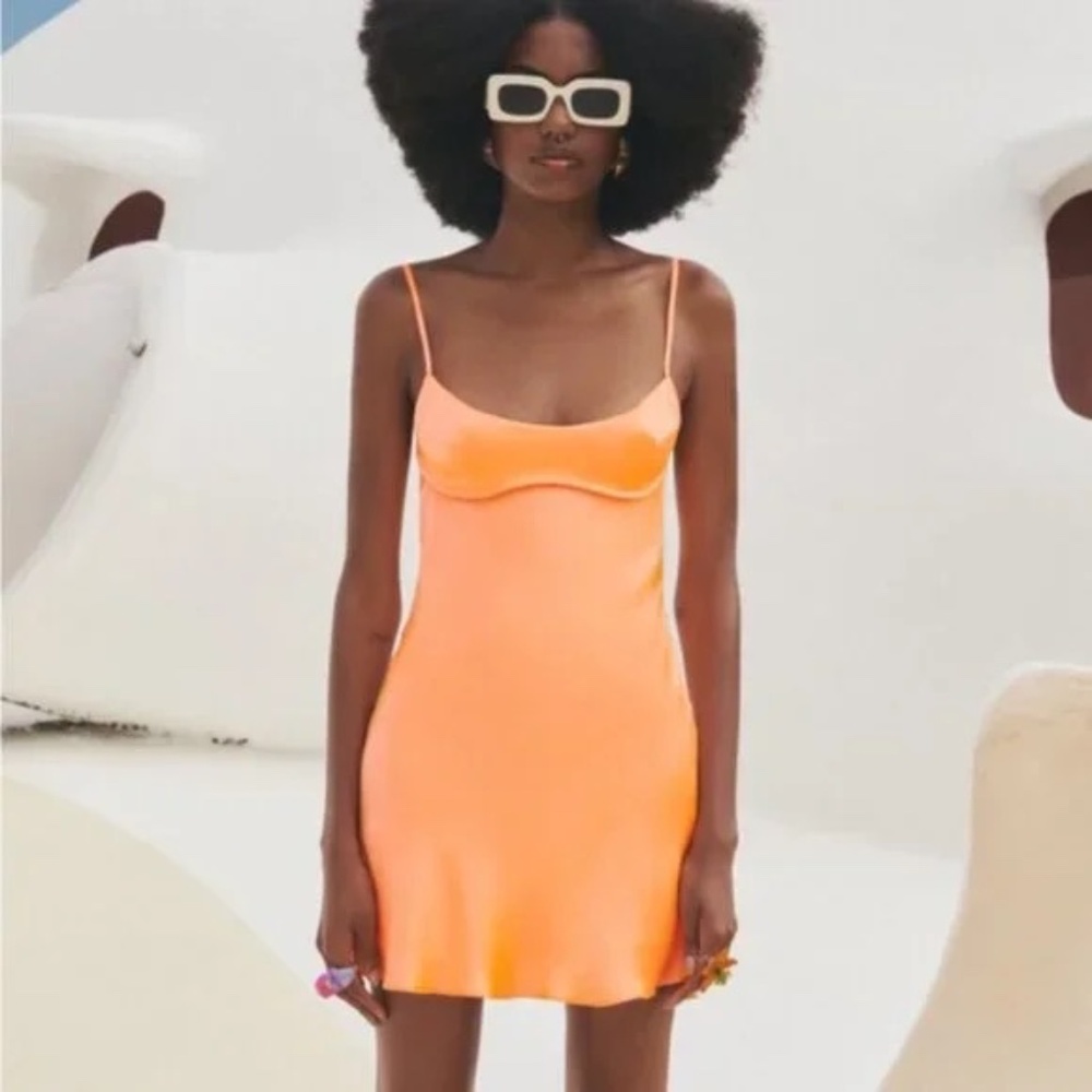 Zara Satin Effect Cut Out Fit Flare Mini Tangerine Light Neon Backless Dress